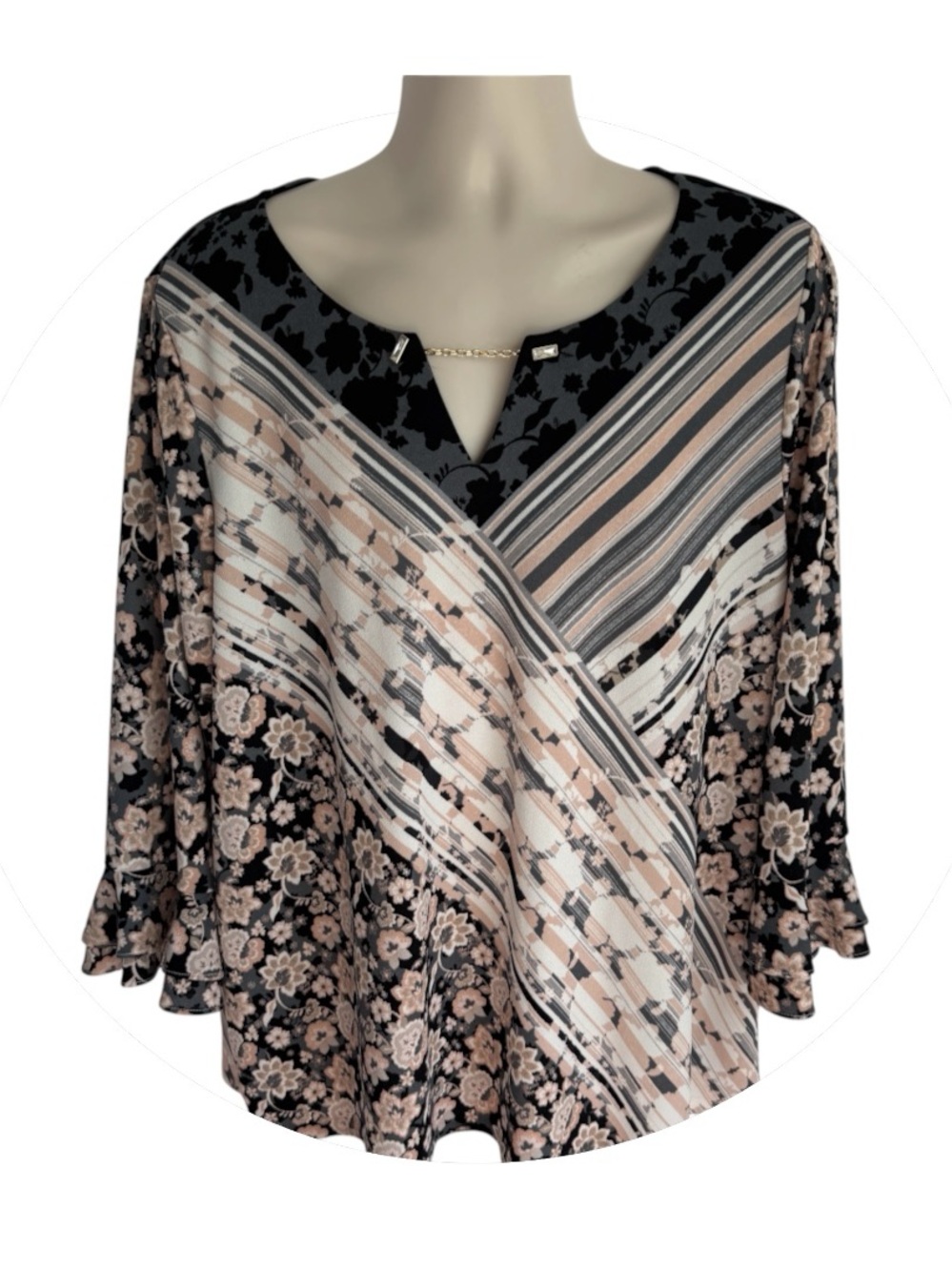 Calvin Klein 2X Floral & Stripe V-Neck Tunic in Black and Cream